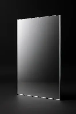 A perfectly reflective rectangular mirror standing upright on a dark surface, showcasing a flawless, high-gloss reflection.