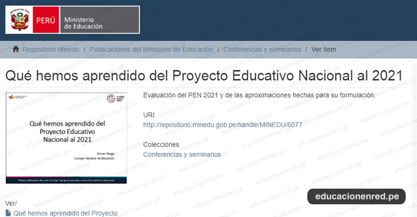 MINEDU: Qué hemos aprendido del Proyecto Educativo Nacional al 2021 (.PDF) www.minedu.gob.pe