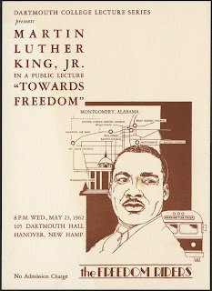 A poster featuring an illustration of Martin Luther King Jr., from the shoulders up, in front of a bus, a map of Montgomery, Alabama, and a government building. The text advertises a 1962 lecture by Dr. King being held at Dartmouth College.