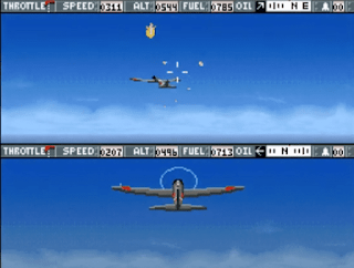 Plane at the bottom flying grey coloured and top plane is Blue coloured taking shots and you can see the sky in the gameplay plus stats like speed in both planes screens