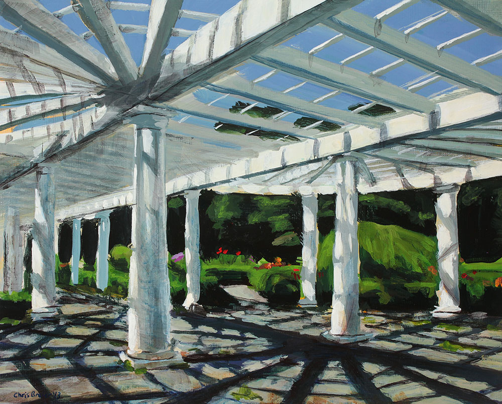 Acrylic painting of the white arbor at Sonnenberg Gardens. Located in the Old Fashioned Gardens.