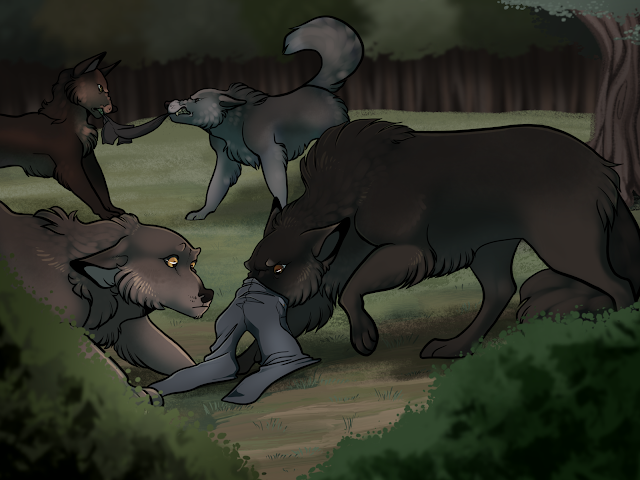 four wolves exploring a set of human clothing