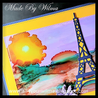 Zonsondergang, Sunset, Parijs, Paris, Eifeltoren Eiffel Tower, Yupo, Inkt, Ink, Geel, Yellow, Purple, Flowers, Papicolor, Crealies, All4You, ALL4YOU,