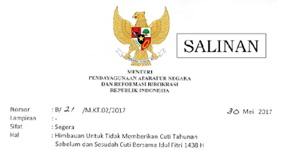 Download Surat Menpan Tentang Cuti Tahunan Sebelum dan Sesudah Cuti Bersama Idul Fitri 1438 H (2017