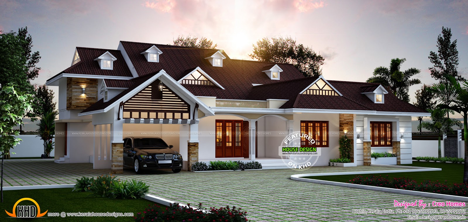 Elegant one floor dormer window home Kerala home design 