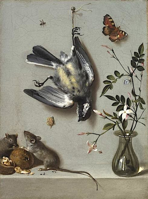 Jean-Baptiste Oudry (1686-1755) Nature Morte à la Mésange, aux Souris, aux Noix, aux Insectes et au Vase de Jasmin, vers 1712-1713, peinture française,