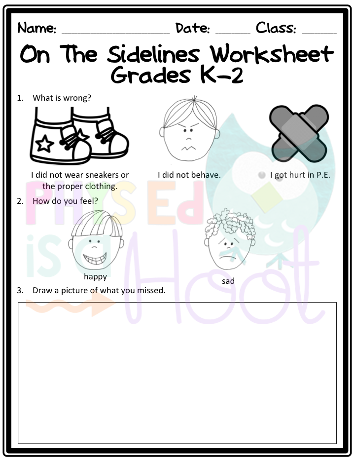 http://www.teacherspayteachers.com/Product/On-The-Sidelines-Worksheet-Non-Participation-Worksheet-for-Physical-Education-1384161