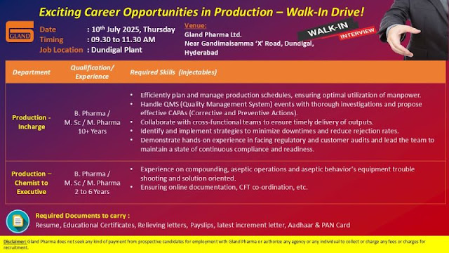 Gland Pharma Walk-In Interview For Production (Injectables)