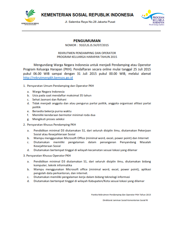 Rekrutmen Kementerian Sosial Republik Indonesia - LOWONGAN 