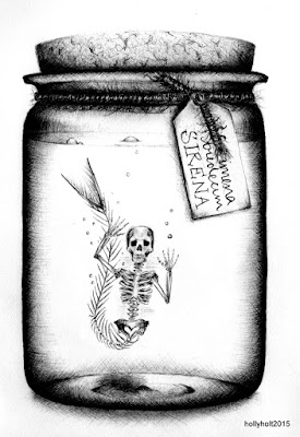 illustration of a mermaid skeleton in a jar in ballpoint pen by holly holt