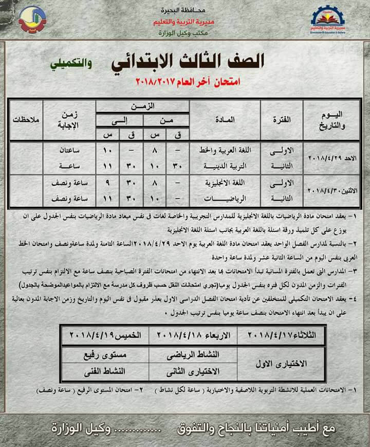 جدول امتحانات الصف الثالث الابتدائي 2018 الترم الثاني محافظة البحيرة