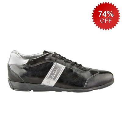 Prada Linea Rossa Black Patent Silver Stripes Women Sneakers