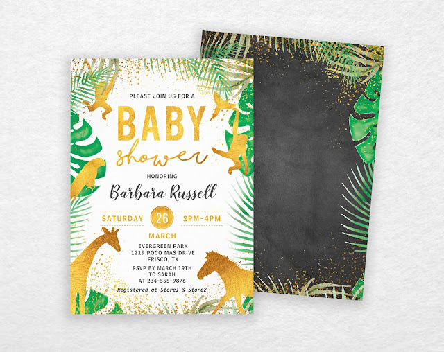  Gold Jungle Animals Safari Boy Baby Shower Invitation