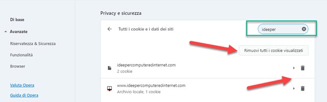 eliminare i cookie di un dato sito da opera