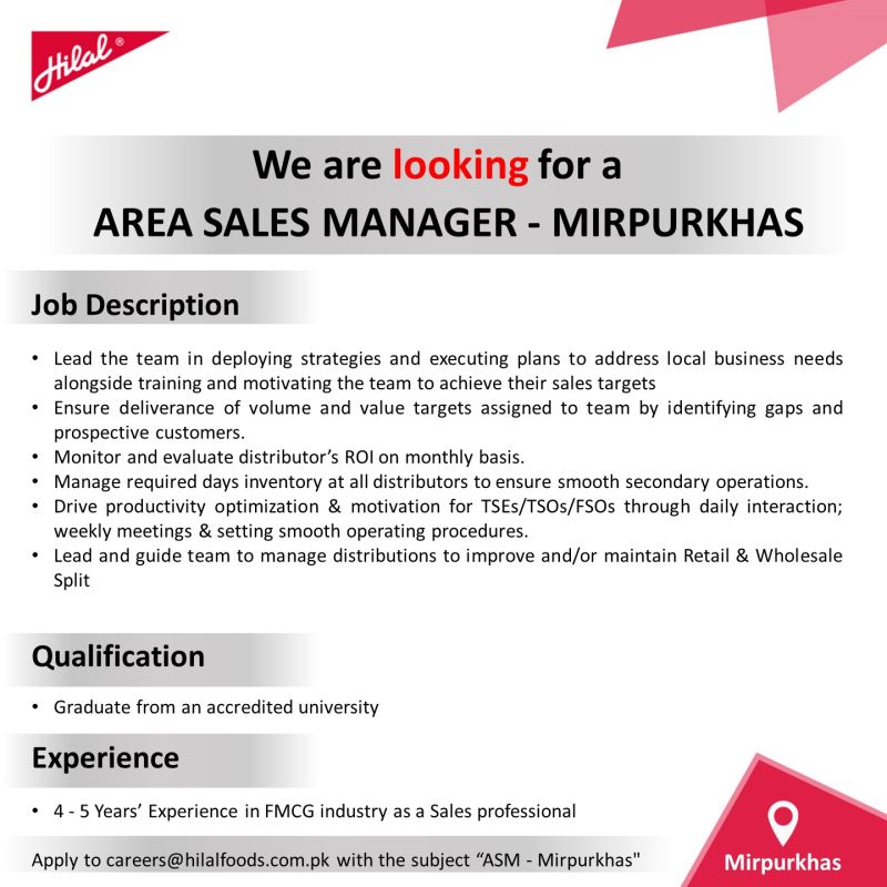 Hilal Foods is looking for Area Sales Manager - Mirpurkhas.