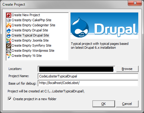 Wizard para criar um projecto de site Drupal com o CodeLobster