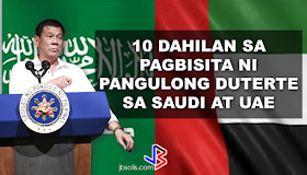 President Rodrigo Duterte's compassion to the OFW sector is evident in his actions that's why OFWs around the globe love him. From the creation of OFW one-stop-shop to dissolution of tanim-bala and bukas-balikbayan box, he even told the OFWs to slap anyone who may attempt to extort money from them at the NAIA.   The President even told the OFWs that he wants that the OFW diaspora will end in this generation and come home to the Philippines for good. He never fail to address OFW concerns whenever he visit a country and with government programs for the OFWs, the sector that has been neglected by the previous administration has found their president, indeed.   President Duterte  will be visiting the United Arab Emirates and Saudi Arabia soon and here are the reasons why:  1. To express gratitude to the overseas Filipinos for their support. During the last presidential election, the OFWs and their families supported the then Davao Mayor Duterte with the largest OAV turnout in the last 10 years. In UAE alone, Duterte got 51,879 or 83.5 % of the total 62,103 actual votes cast. Duterte got 58% of the total votes in Jeddah, Saudi Arabia and 64% total votes in Riyadh. According to the data released by Commission on Elections (Comelec) Commissioner Rowena Guanzon, Duterte got the most number of votes with 313,346 total votes from OFWs abroad.   2.Listen to OFW concerns.  “The trip is not something for other reasons. We are coming here to address specific problems. He could not himself fully understand why Filipinos would much rather want to remain here. He would like to make sure that he fully understands this,” DFA Secretary Perfecto Yasay Jr. said.  “He will not only go to Saudi or UAE and go back home. No, he will stay here for a few days, talk to the leaders and see what kinds of agreement can be signed,” he added.  The OFWS are close to the heart of the President  because he understand them, like a father knows and understand his children.     3. For bilateral agreements that will benefit the OFWs.   According to Sec. Yasay,senior Philippine officials “are now engaging our counterparts in these countries for the purpose of entering into agreements to strengthen our bilateral agreements” prior to President Duterte’s trip.  4. To formulate policies for the benefit of our modern heroes--the OFWs.    Among President Duterte’s flagship programs for OFWs are the creation of a separate department for OFWs, the creation of an OFW bank and the abolition of the Overseas Employment Certificate (OEC).  The Middle East-specific policies will be implemented based on the president’s assessment on his visit to the region.   5. To sustain Philippines' economic growth by forging trade ties with the Middle east counterparts and generate jobs back home. “It is the hope of President Duterte that before his six year term is over, those who apply for jobs abroad will simply be doing so on the basis of choice rather than forced to do so,” Yasay said.  6. To address the largest OFW community in Saudi Arabia. Currently, there are 872,000 OFWs in Saudi and half of this population is in Riyadh. The other half is spread across the eastern and western regions.  7. Biggest OFW remittances next to USA is coming from Saudi, Arabia.  Without a doubt, OFW remittances make the Philippine economy afloat. The OFWs send remittances to their family back home  which their family are spending in malls, restaurants, and others which keeps the economy alive.  8. Saudi Arabia is the biggest potential trade partner from Arab region. In terms of trade, Saudi Arabia was among the top 10 partners of the Philippines in 2012. One of the key agendas on Duterte’s visit is to initiate talks with Saudi for bilateral collaborations in a number of sectors like agriculture, travel and tourism, culture, labour, trade and investment.   9.The largest number of OFWs in distress are in the Middle East particularly in Saudi Arabia.   Thousands of  distressed OFW are in Saudi Arabia, some of them are already been repatriated through the effort of the Duterte Administration and has been given assistance by OWWA and DOLE and through the programs of other government agencies like TESDA.  10. Saudi arabia and the UAE was last visited by the Philippine Pres on 2009. The last visit made by a Philippine President  to Saudi Arabia  was during  former Pres. Gloria Macapagal Arroyo's visit in 2009. The president who succeeded her never visited the middle east in his entire term.  President Rodrigo Duterte is set to visit the Middle East on February to talk and listen to the OFWs personally and to give hope to them that he will fix the country, generate more jobs and business opportunities, and make it peaceful for them to come home for good.