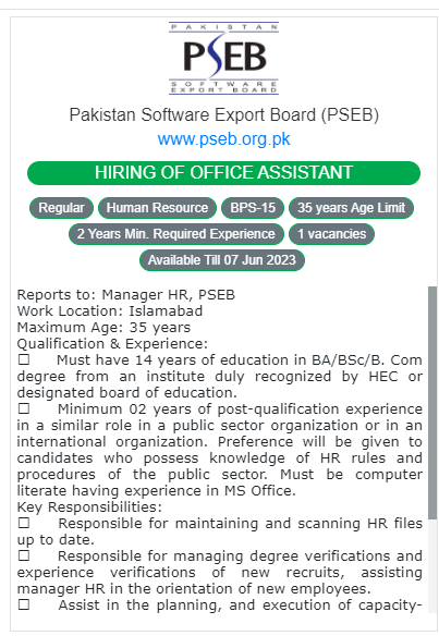 Pakistan Software Export Board (PSEB) Islamabad Jobs 2023