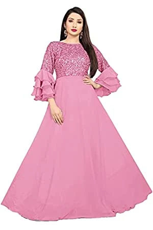 Women's Embroidered Gown Western Dress with Round Neck