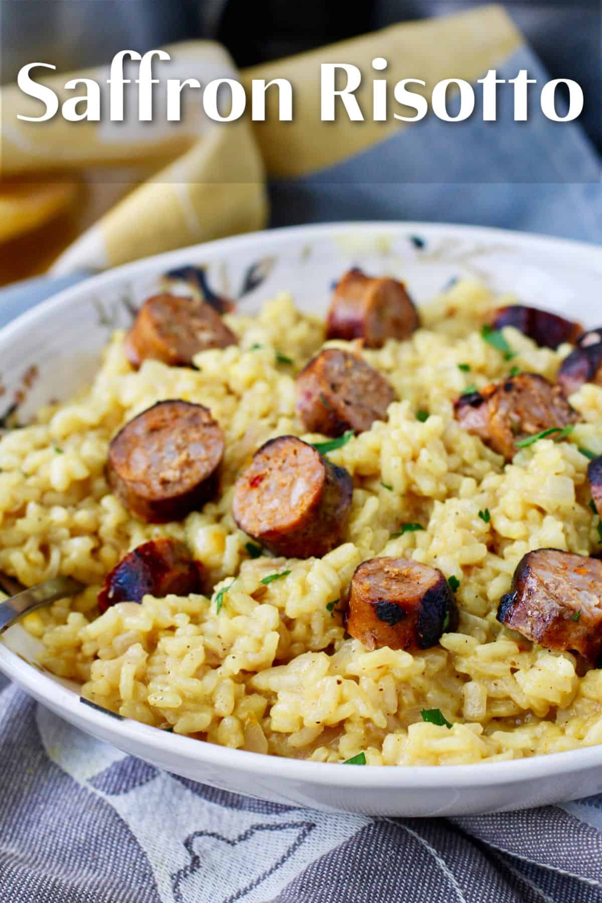 Saffron Risotto with Sausage in a bowl.