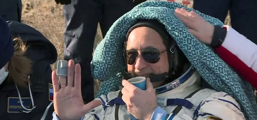 International Space Station (ISS) crew member Roscosmos cosmonaut Pyotr Dubrov relaxes after landing aboard the Soyuz MS-19 space ship in a remote area outside Zhezkazgan, Kazakhstan, on March 30, 2022.