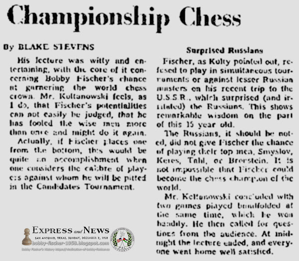 George Koltanowski Speech on Bobby Fischer in Candidates Tournament and His Chances at Gaining Chess Crown