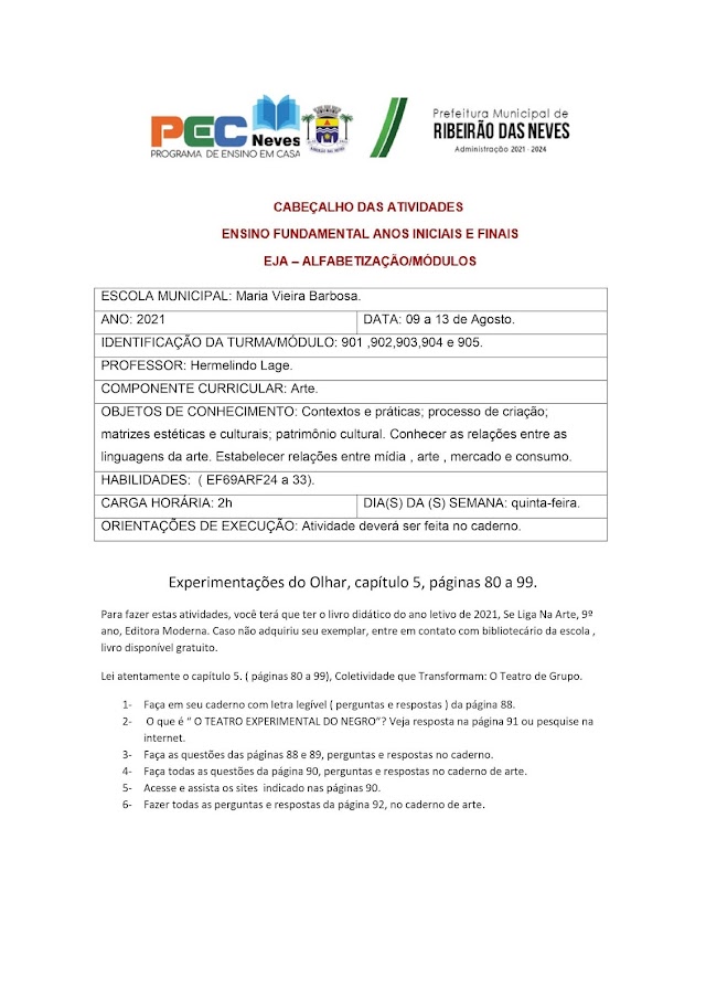 Atividades de Arte, professor Hermelindo, Turmas 901 a 905, referente aos dias 09 a 13 de Agosto de 2021.