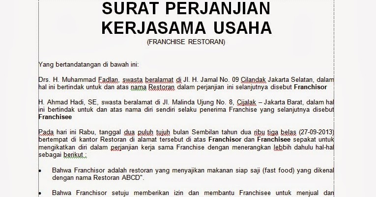 Contoh Surat Perjanjian Kerjasama Perusahaan