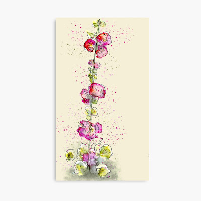 Pink hollyhocks whimsical watercolour print on canvas