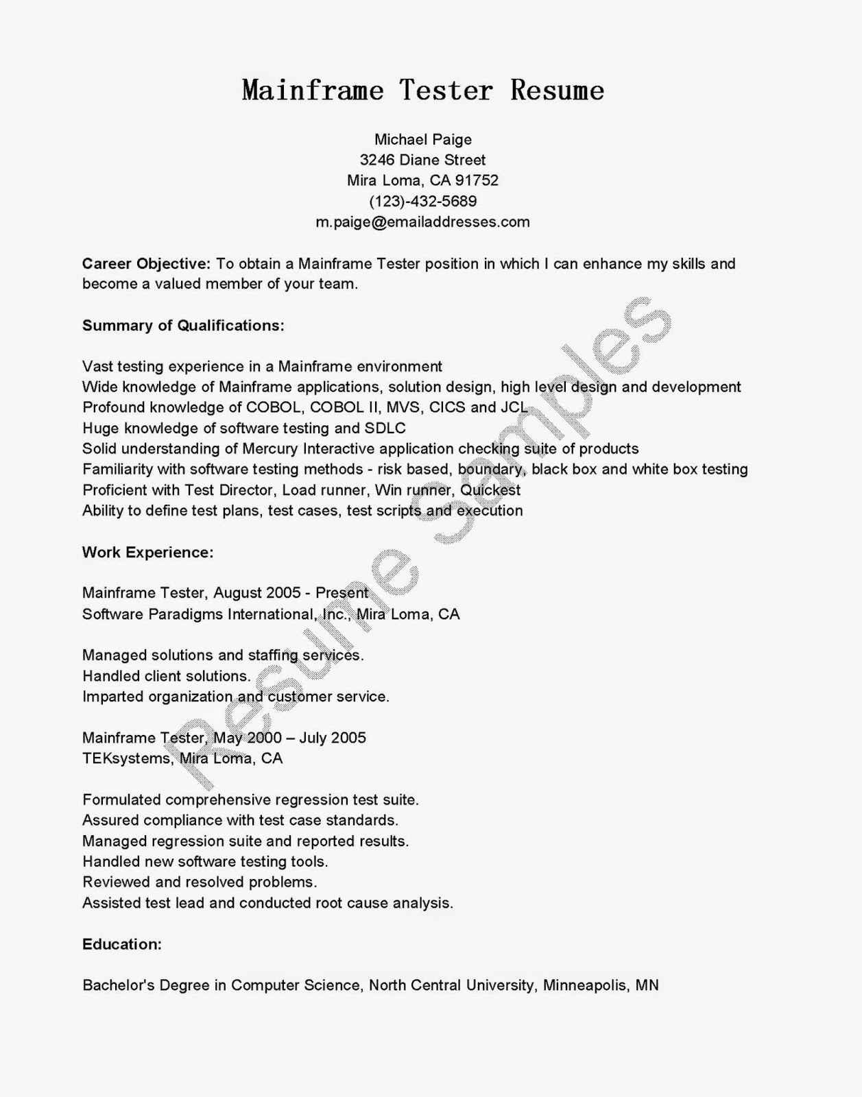 Mainframe Tester Resume Sample |Resume Samples