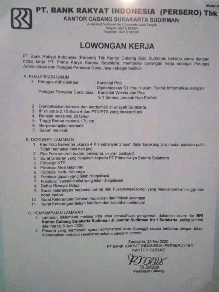 Lowongan Kerja Bank BRI cab. Surakarta Sudirman (Admin ...