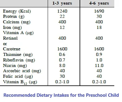 Recommended Dietary Intakes for preschooler