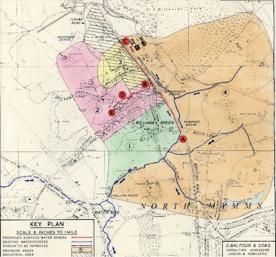 Proposed route of the drainage Map courtesy of V Barnard - part of the Images of North Mymms Collection