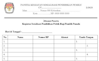 Proposal, LPJ, Absensi, Transport, Narasumber, Amplop, dan Undangan Sosialisasi Pendidikan Pemilu Bagi Pemilih Pemula