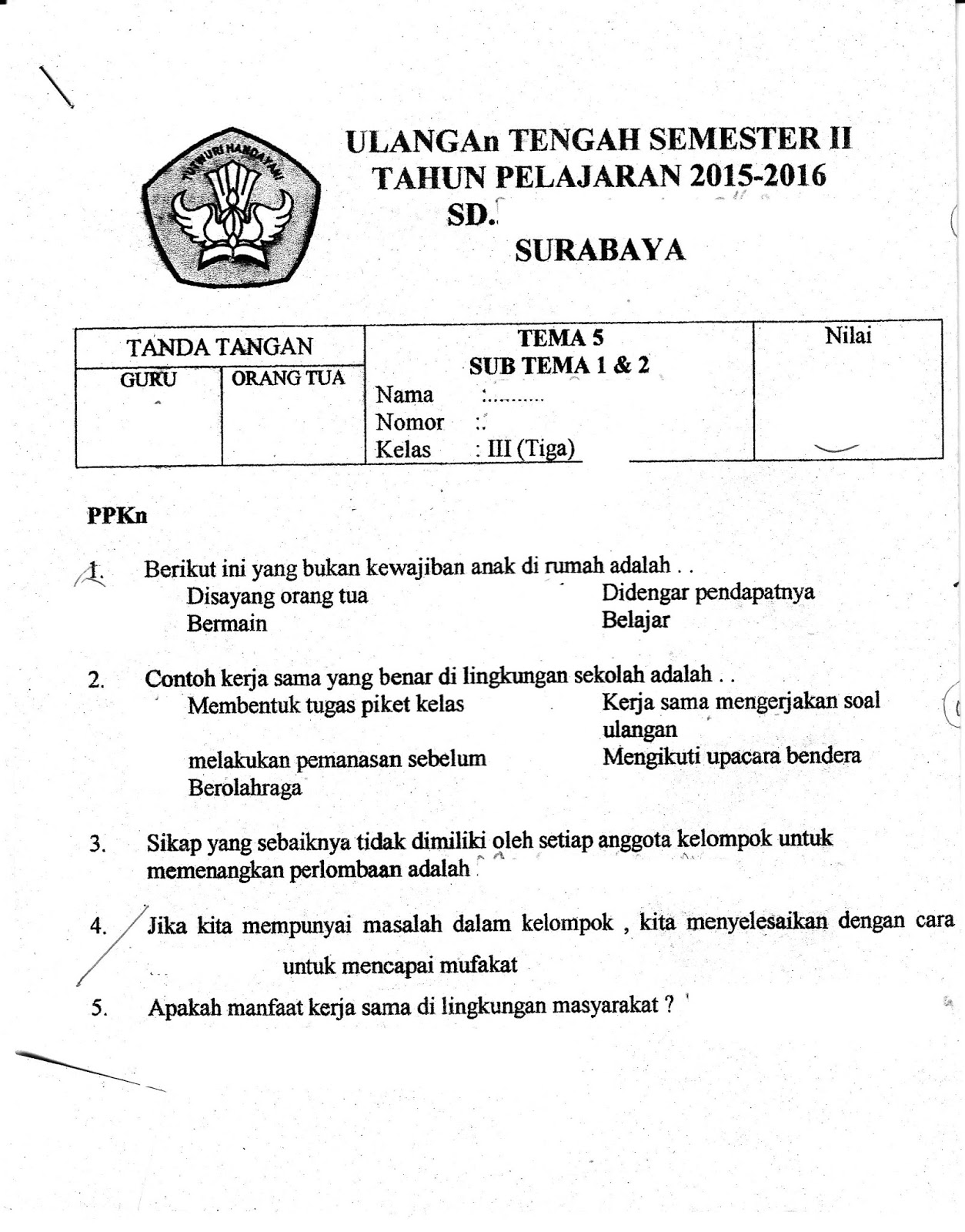 UTS Tema 5 sub Tema1 2 semester GENAP ta 2015 2016 sd kelas 3 kurikulum2013