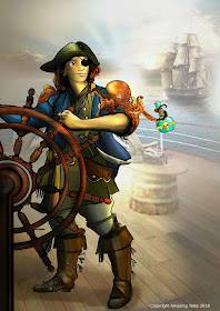 A pirate on a ship with another ship in a distance, with an octopus on their arm that is holding a bottle