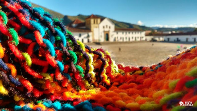 Tejido en lana virgen y al fondo la iglesia de Villa de Leyva