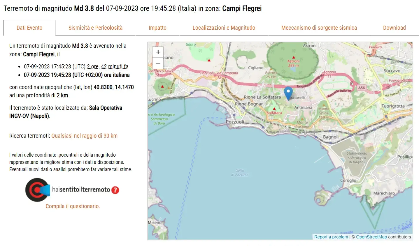 Terremoto di magnitudo 3.8 scuote Napoli e Pozzuoli