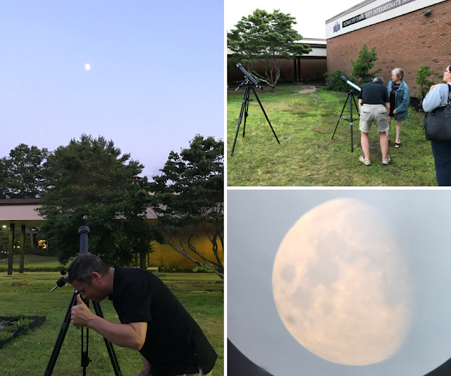 Yours truly giving a thumbs-up after the clouds gave way to the moon, Dr. Patt Steiner providing views of the moon through her refractor telescope, and a quick shot of the moon through the Celestron refractor using my iPhone.