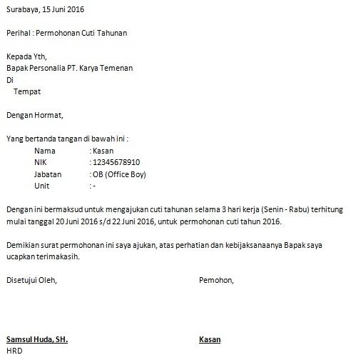 Contoh Surat Izin Cuti / Libur Kerja Bagi Karyawan 