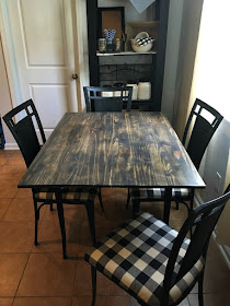 Vintage Paint and more... thrift store table and chairs after being upcycled with black chalk paint and some black and cream buffalo plaid fabric