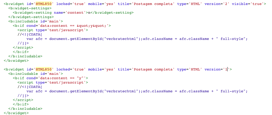 Códigos nas versões um e dois para um mesmo widget Blogger.