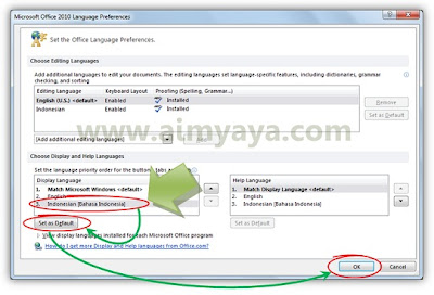  Gambar: Mengatur bahasa Indonesia sebagai default (asali) untuk tampilan aplikasi Microsoft Office 2010