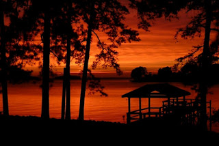 A sunset and silhouette of trees and a patio next to a lake