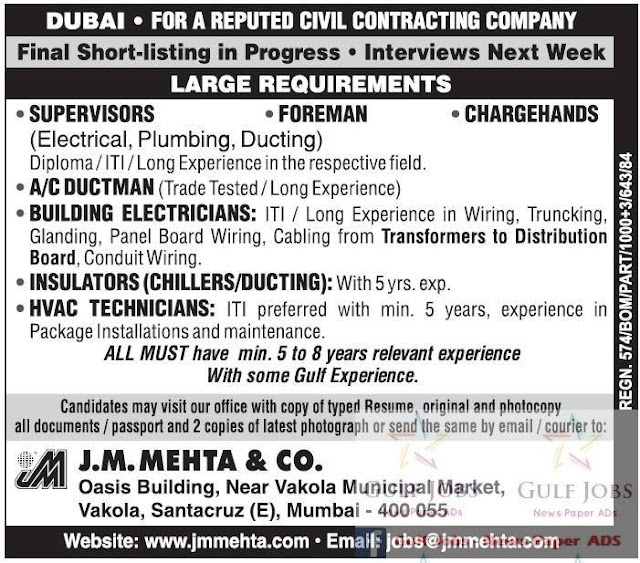 Dubai reputed civil contracting company Jobs