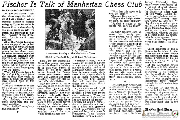 Fischer Is Talk of Manhattan Chess Club