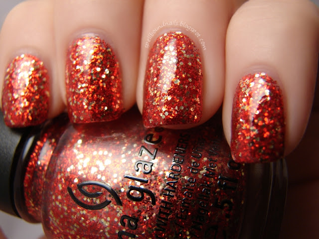 nails nailart nail art polish mani manicure Spellbound China Glaze Holiday Joy Pure Joy color swatch glitter red gold christmas