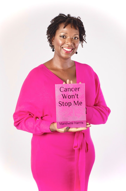 Photo of author Marshelle Harris with her book Cancer Won't Stop Me