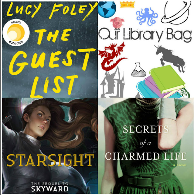 Our Library Bag logo with The Guest List cover, Secrets of a Charmed Life cover, and Starsight cover for August 2020