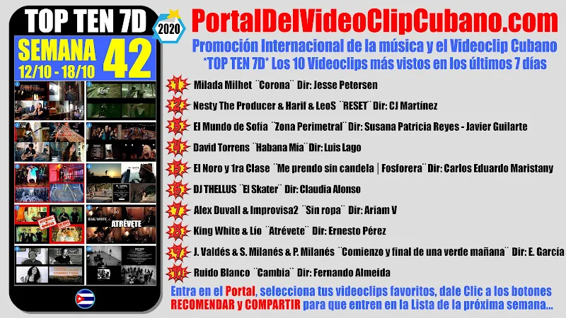 Artistas ganadores del * TOP TEN 7D * con los 10 Videoclips más vistos en la semana 42 (12/10 a 18/10 de 2020) en el Portal Del Vídeo Clip Cubano